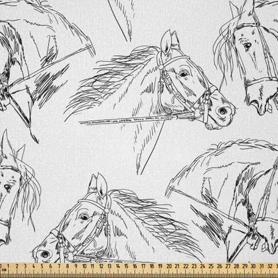 Produktbild von ABAKUHAUS Pferde Microfaser Stoff als Meterware , Skizze der arabischen Stute Monochrome Animal Portrait mit Harness Riding the Stallion, 10 M (230 x 1000 cm), Weiß Schwarz