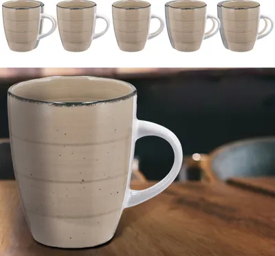 Produktbild von Kaffeebecher Steingut 6er Set beige 360ml 9x11cm Tasse Becher Henkeltasse  Kaffeetasse Teetasse