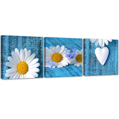 Produktbild von Set mit gemälden auf leinwand gänseblümchen und herzen 90x30 cm Feeby blau wandbild bereit zum aufhängen