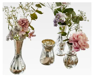 Produktbild von Deko-Vase Set Maelie, mundgeblasen, vier ansprechende Designs, nostalgischer Bauernsilber-Stil, Vintage-Flair, Wohn-Accessoires, Glas, antiksilber