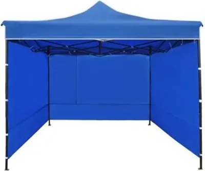 A blue pop-up tent is shown against a white background.