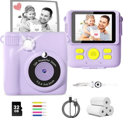 Produktbild von Kinderkamera Sofortbildkamera, 1080P Sofortbildkamera Kinder mit 32GB TF Karte,Druckpapier,Kamera Kinder Geschenke für Mädchen Jungen Alter 3-12 Jahre