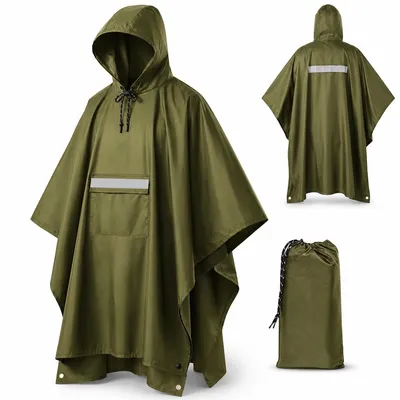 Produktbild von Regenponcho wasserdicht, Outdoor Regenumhang mit Kapuze, reflektierenden Streifen, faltbar, Multifunktionsponcho für Wandern, Camping & Fahrrad