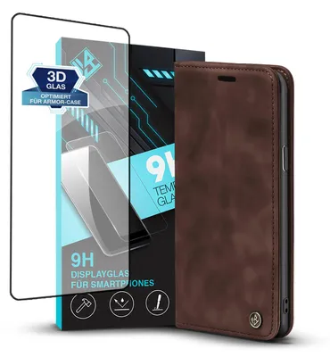 Produktbild von Handy Hülle für Samsung Galaxy S9+ mit 9H Displayglas Klapphülle Bookcase Flip Cover Handy Tasche Etui Farbe: Dunkelbraun