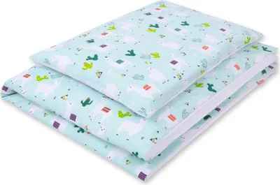 Produktbild von 2-teiliges Kinderbettwäscheset aus Baumwolle 120x90 cm - Mint/Weiß Lamas