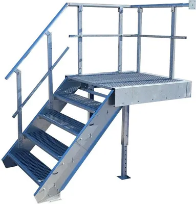 A metal staircase with a platform and railing, shown against a white background.
