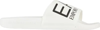 A white slide sandal with a black logo.