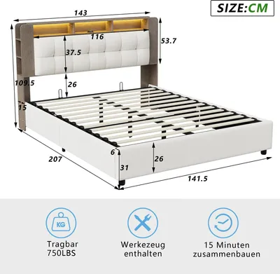 Image de Lit tapissier - Lit double 140x200 cm - Coffre de lit hydraulique avec sommier à lattes - Tête de lit avec rangement, éclairage LED et ports USB - Bois massif et velours