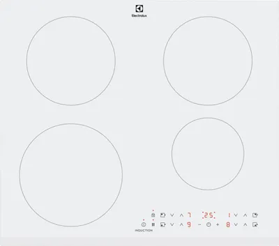 A top-down view of a white induction cooktop.