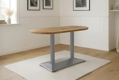 Produktbild von Bistrotisch Emilian | 110 x 50 cm | Akazienholz massiv | Farbe: Natur | ovale Form | silbernes Doppel-Säulengestell aus Metall