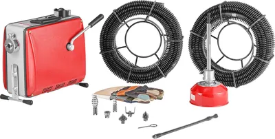A collection of drain cleaning equipment laid out on a white background.