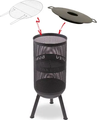 A black metal fire pit with three legs, shown with a grill grate and a lid above it.