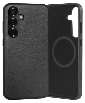 A black leather phone case is shown from the front and back.