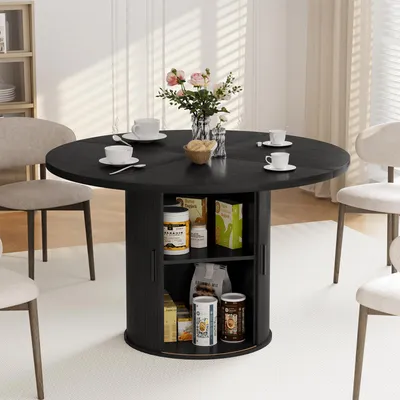 Obrázok produktu pre Hommpa Okrúhly jedálenský stôl 120 cm s úložným priestorom, kuchynský stôl pre 4 osoby, 2 police a posuvné dvierka, stabilný drevený stôl so podstavcom, čierny