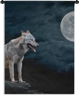 Produktbild von MuchoWow® Wandteppich Wandbehang Wolf - Mond - Nacht - Tiere - Porträt 60x80 cm Tapisserie Dekoration Wandtuch - Decke - Wandtücher - Wohne