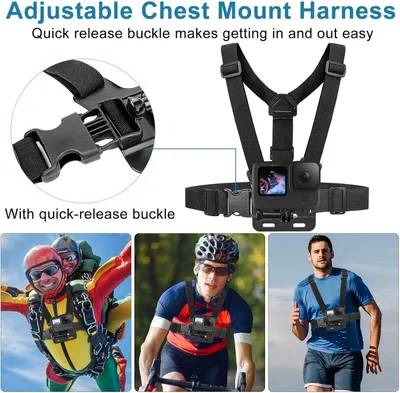 Produktbild von Brustgurt für GoPro – Action-Kamera Brusthalterung – Brustgurt und Kopfband – Kamera-Gurt – Kompatibel mit GoPro Hero und Insta360 – Schwarz