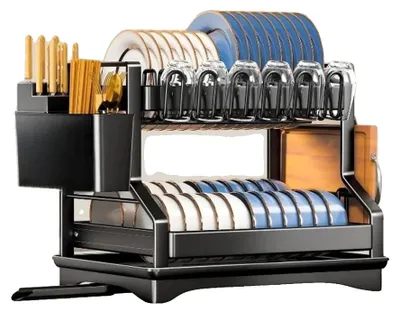 Obrázek produktu pro Odkapávač na nádobí, dvoupatrový, nastavitelný design, černý, 2 patra