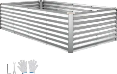 Zdjęcie produktu dla SucceBuy Metalowa podwyższona grządka 240 x 120 x 62 cm, prostokątna grządka ogrodowa do użytku na zewnątrz, zestaw skrzynek do sadzenia z rękawiczkami, grządka bez dna do uprawy warzyw i kwiatów, srebrna