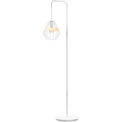 A white floor lamp with a geometric shade.