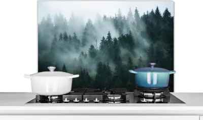 Produktbild von KitchenYeah®  Spritzschutz Küche - Küchenrückwand - Wandschutz für Herd und Spüle - Nebel - Bäume - Wald 90x60 - Alu-Dibond (Alternative zum Spritzschutz aus Glas) - Hitzebeständig - Herdspritzschutz