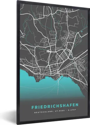 Produktbild von MuchoWow® Gerahmtes Poster Stadtplan - Deutschlandkarte - Blau - Friedrichshafen- Karte 20x30 cm - Poster mit Schwarzem Bilderrahmen Wandposter Rahmen Foto Bilder - Drucken - Bilder Poster im Rahmen