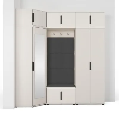 Produktbild von Garderoben-Set Napoli Version 20: Eckschrank mit Polsterpaneelen, Schuhschrank, Hängeschrank für Flur und Eingangsbereich (Cashmere/Trinity 16)