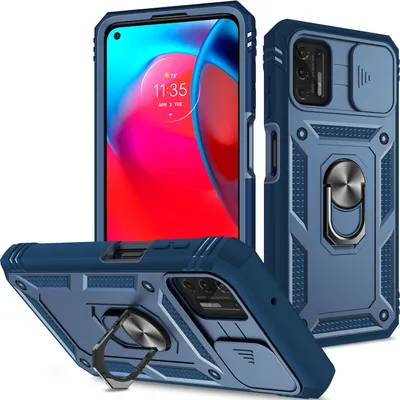 Produktbild von Moto G Stylus 2021 Hülle, Schiebe Kamera Schutz Robust Schutzhülle mit Ringhalterung Ständer Kartenhalter für Motorola Moto G Stylus 2021 Blau