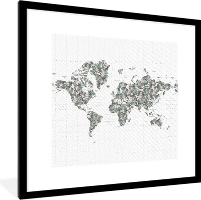 Produktbild von MuchoWow® MuchoWow® Gerahmtes Poster Weltkarte - Blätter - Rosa 40x40 cm - Poster mit zchwarzem Bilderrahmen - Poster - Plakat im Rahmen