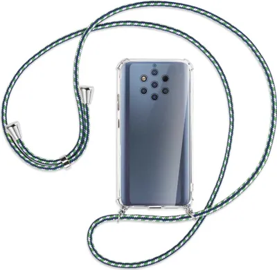 Produktbild von Handykette Backcover-Schutzhülle mit Band (Metall silberfarben) für Nokia 9 PureView - grün/blau/weiß
