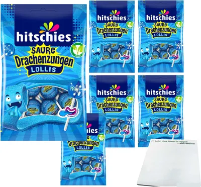 Produktbild von hitschies Saure Drachenzungen Lollis blau  48 Stück (6x128g Beutel) + usy Block