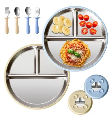 Image de Assiettes pour bébé avec ventouse - Lot de 2 - Acier inoxydable, sans BPA