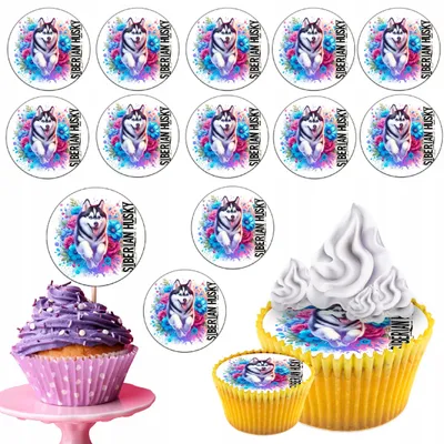 Produktbild von OPŁATEK na BABECZKI MUFFINKI zestaw na urodziny 12szt - PIES HUSKY