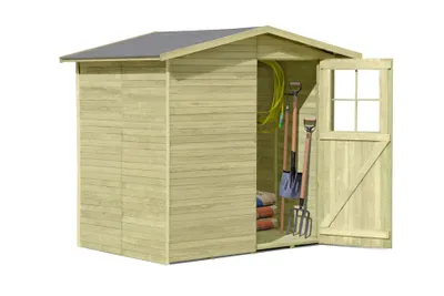 Produktbild von WOODTEX Braun Grün Gr 1 Gartenhaus Gerätehaus Frankfurt, 14 mm kesseldruckimprägniert Kiefer, Einzeltür mit Fenster, inklusive Boden und Dachpappe, einfache Montage