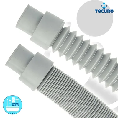 Two grey corrugated hoses are shown diagonally against a white background. A circular logo with the brand name 'TECURE' is in the upper right corner. A circular blue badge with icons of a bathtub, washing machine, and text 'TECURE PARTS' is in the lower le