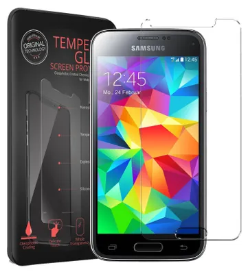 A Samsung smartphone with a colorful wallpaper is shown next to its packaging, which displays a screen protector.