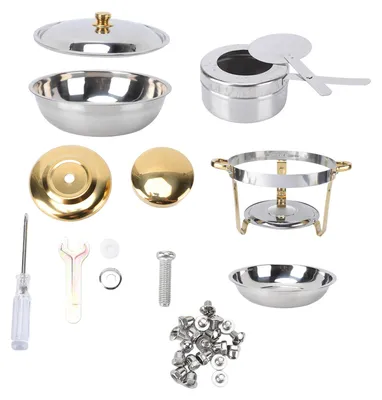 Image de Ensemble de buffet à réchaud 5 L en acier inoxydable, réchaud de buffet rond avec brûleur à alcool, idéal pour les fêtes, les mariages et la restauration, partiellement plaqué or