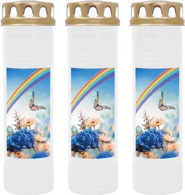 Produktbild von Grabkerze Weiß 3er Pack, Brenndauer: 170 Stunden ( je Kerze ), Motiv: Regenbogen
