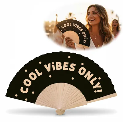 Produktbild von LS-LebenStil Handfächer aus Holz Stoff "Cool Vibes Only" Schwarz Fächer faltbar Faltfächer mit coolem lustigem Spruch Geschenk Hochzeit Party Wanddeko