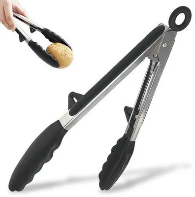 Immagine prodotto di Pinza da cucina Unyqoos® da 27 cm, resistente al calore, realizzata in acciaio inossidabile e silicone, con supporto, impugnatura antiscivolo e lavabile in lavastoviglie