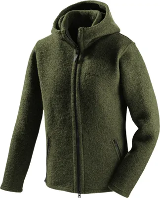 A green hooded jacket is shown against a white background.