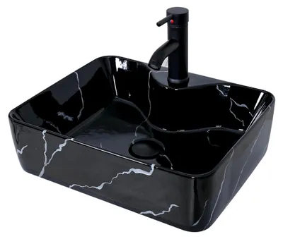 Produktbild von Aufsatzwaschbecken Keramik Waschbecken Bad Waschtisch, Rechteckig Handwaschbecken Waschschale mit Wasserhahn Set, Waschplätze für Badezimmer Küche Gäste WC, Schwarz, 48 x 38 x 13.5 cm