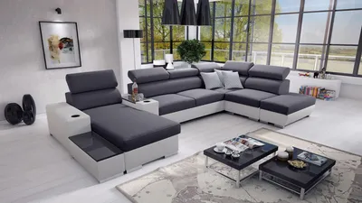 Produktbild von Wohnlandschaft in U-Form PERS V Ecksofa Eckcouch mit Schlaffunktion (Grau SAWANA 96 + weißes Kunstleder, Links)