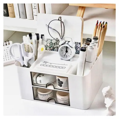 Produktbild von Schreibtisch Organizer mit 5 Fächern und 2 Schubladen, Multifunktionaler Büro-Organizer für Zuhause und Schule (Weiß)