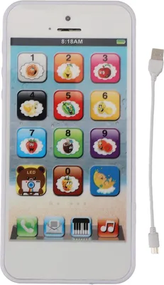 Zdjęcie produktu dla Zabawkowy smartfon dla dzieci z odtwarzaczem muzyki, kolorowym oświetleniem LED, 8 trybami, fałszywym ekranem dotykowym telefonu komórkowego, nauką, zabawą z kablem USB, biały
