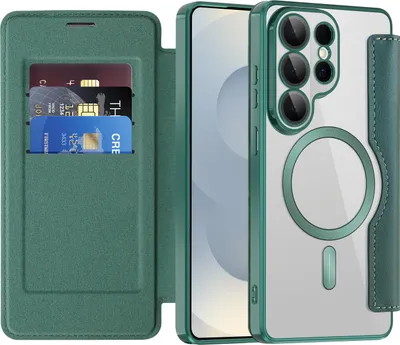 Produktbild von Klapphülle für Samsung Galaxy S26 Ultra Kompatibel mit Magsafe, Klar Überzug Kartenhalter Ledertasche mit Kameraschutz Grün