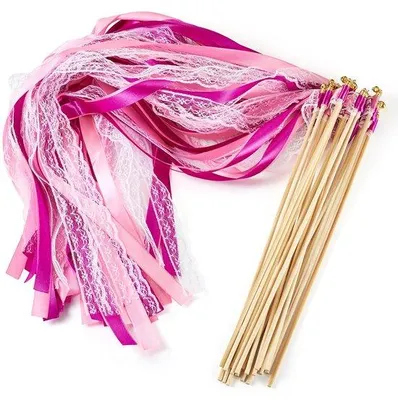 Obrázek produktu pro Dailygoods - Hůlky s mašlemi, 20 kusů - Hůlky s mašlemi pro svatby - Polyesterové dekorace - Barevné mašle - Dřevěné tyče - Rozměry 300 mm - Dekorativní mašle
