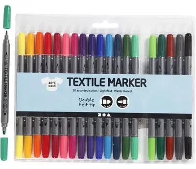 Produktbild von Textilmarker, Strichstärke: 2,3 und 3,6 mm, verschiedene Farben, Packung mit 20 Stück.
