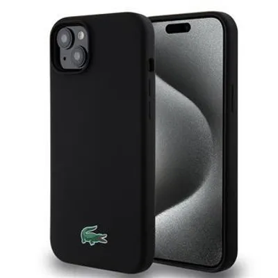 A black iPhone case with a green Lacoste logo is shown against a white background.