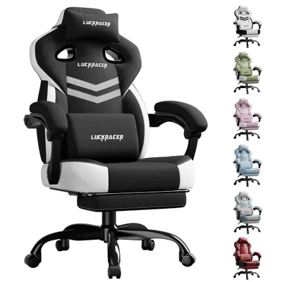 Image de LUCKRACER Chaise de jeu, chaise de bureau avec accoudoirs reliés, coussin en mousse à mémoire, angle d'inclinaison de 90-155° et repose-pieds, tissu fonctionnel résistant