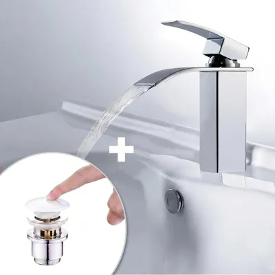 Produktbild von Wasserhahn Bad wasserfall Armatur aus Messing+Universal Ablaufgarnitur Weiß Pop-Up Ventil 1 1/4 Zoll Waschtischarmatur Einhandmischer Waschbecken